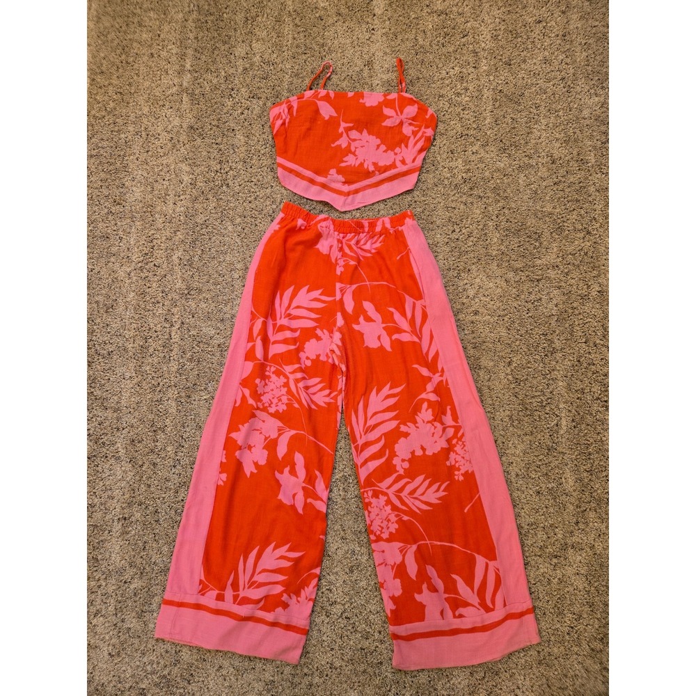 Sienna Sky Orange Pink Floral 2 Piece Set Crop Top Wide Leg Pants